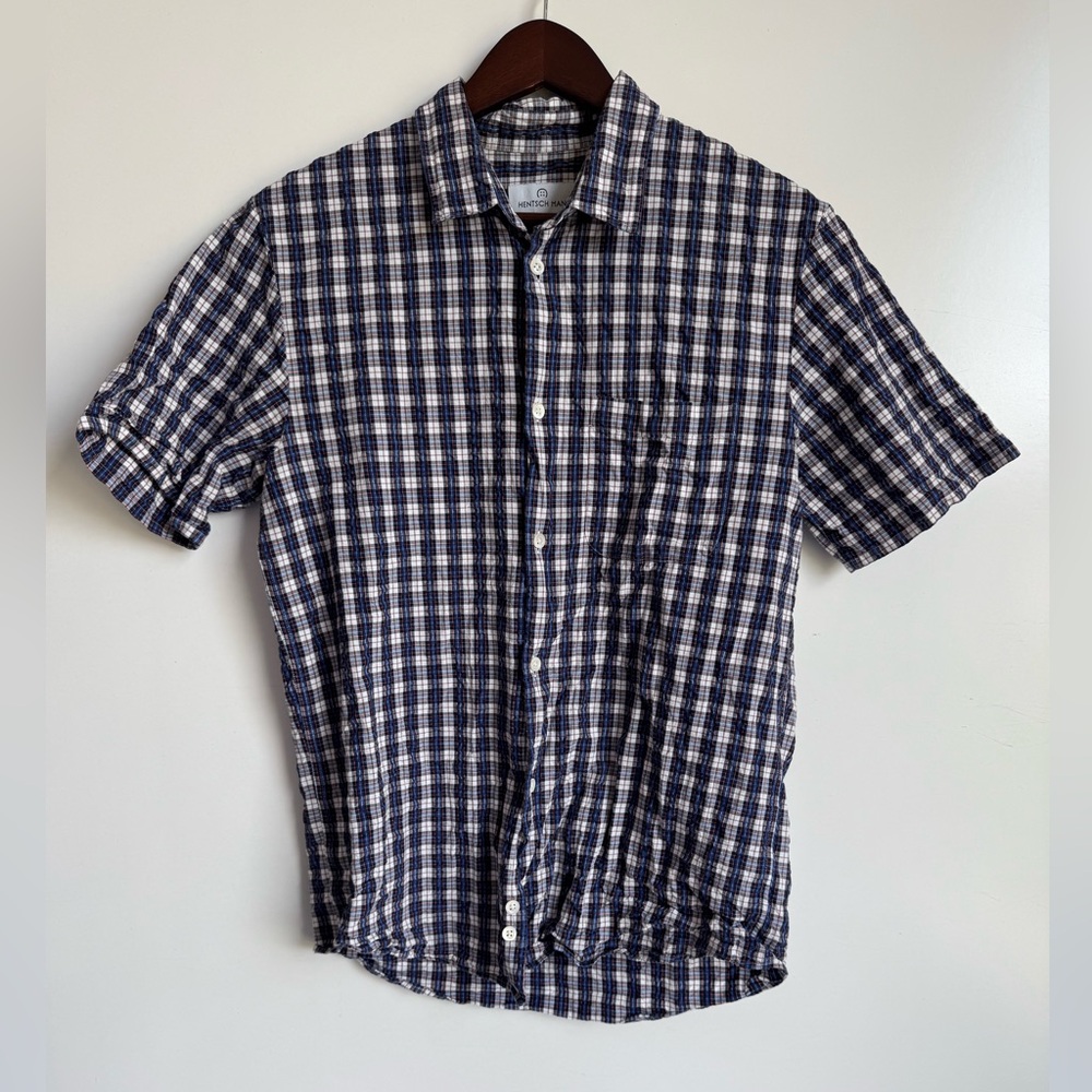 Hentsch Man Men Navy Blue‎ Red Plaid Gauze Button Down Shirt 38 15 Cotton Luxury